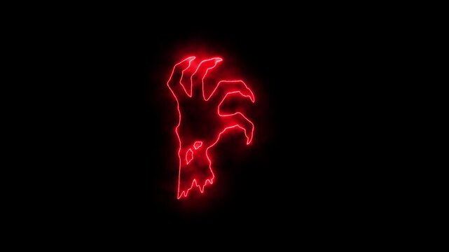 Zombie hand animated neon horror reaching down grasping 4k black background.