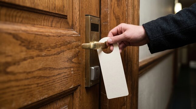 woman hotel room safety concept. Hand holding a do not disturb door hanger on a hotel room door handle