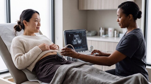 Sonographer performing ultrasound examination on pregnant asian patient in clinic. Female african american medical specialist operating diagnostic monitor during prenatal exam.