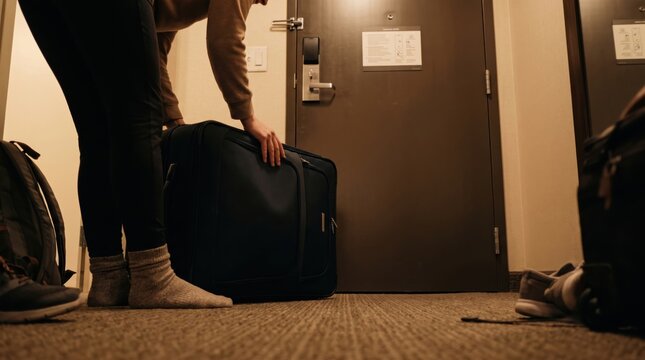 woman hotel room safety concept. Person packing a suitcase near a hotel room door with indoor lighting