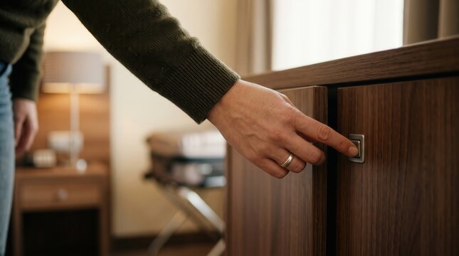 woman hotel room safety concept. Person opening a wooden cabinet drawer in a cozy room setting