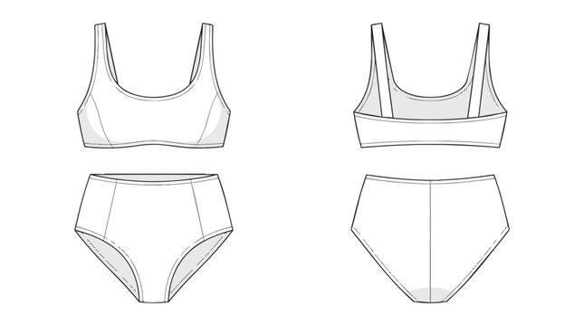 Two Piece High Waisted Bikini Set Technical Flat Sketch for Fashion Design with Front and Back View Outlines