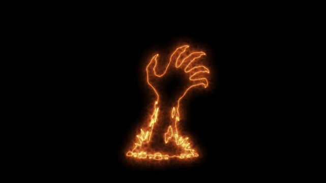 Monster hand animated neon fire rising from the grave 4k black background