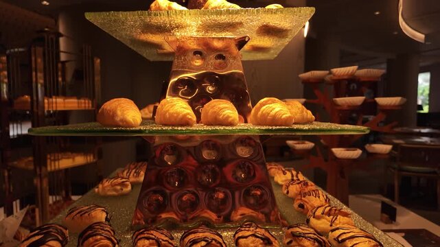 Golden croissant pastry and chocolate pastries on glass plates with warm light in cozy restaurant interior and display shelves