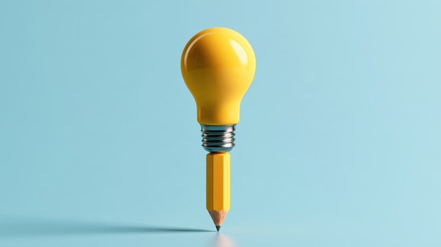 Creative concept image of a yellow light bulb shaped as a pencil standing upright on blue surface for innovation and idea inspiration