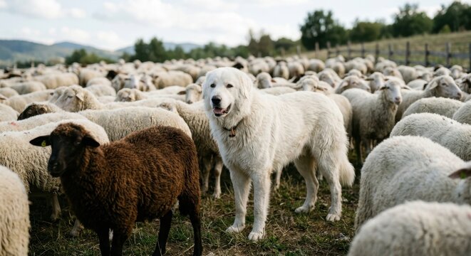 Large white livestock guardian dog standing among a flock of sheep in a green pasture during the day, protecting the herd on a rural farm with hills and trees in the background under a cloudy sky.