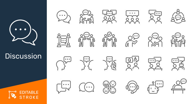 Discussion thin line icon collection for team communication, business dialogue and speech chat bubble concept. Editable stroke. Pixel perfect.