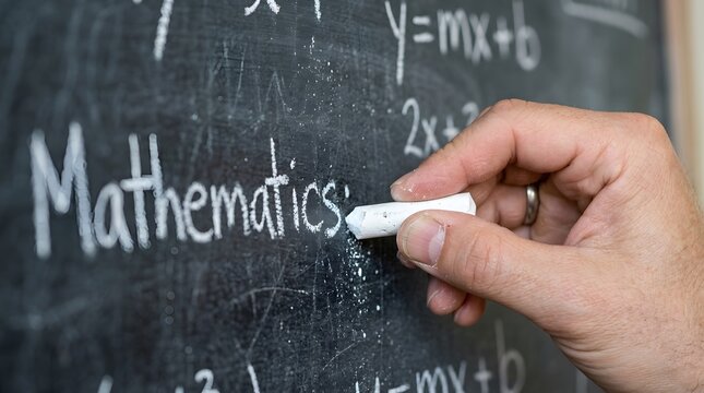 Hand Writing Mathematics Formula with White Chalk on Blackboard