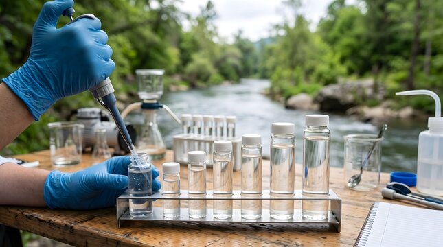 Scientist collecting river water samples for environmental analysis
