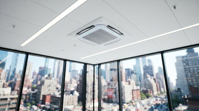 Modern office interior with ceiling air conditioning unit and city view