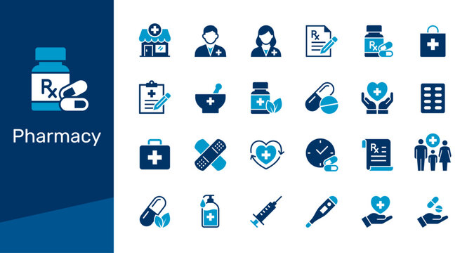 Pharmacy solid icon collection for prescription medicine, drugstore healthcare and pharmacist service concept