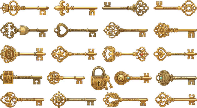 Vintage golden skeleton keys padlock vector elements set collection ornate antique design mystery secret decorative illustration