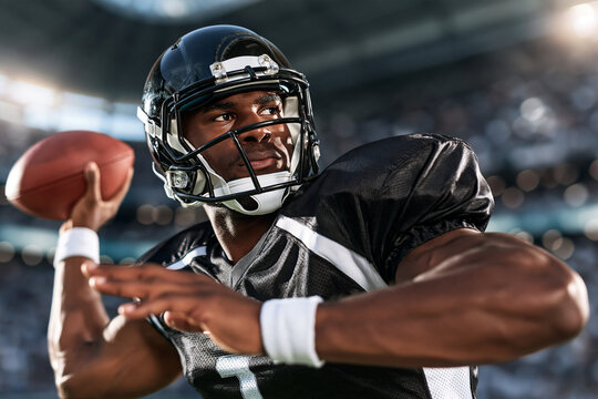 Focused quarterback prepares to throw the football. His helmet gleams under stadium lights. Intense gaze shows determination and focus. Muscular arms show strength and precision
