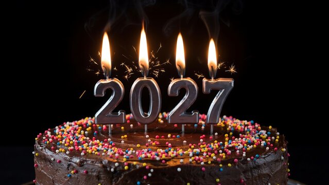 Lit silver 2027 candles with sparklers on a chocolate frosted cake with rainbow sprinkles against a dark background celebrating new year or birthday.