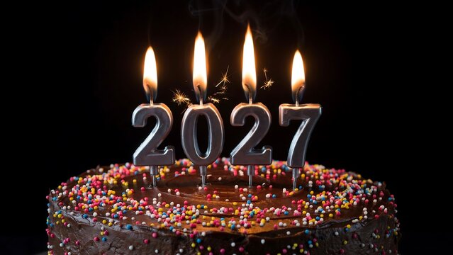 Lit silver 2027 candles with sparklers on a chocolate frosted cake with rainbow sprinkles against a dark background celebrating new year or birthday.