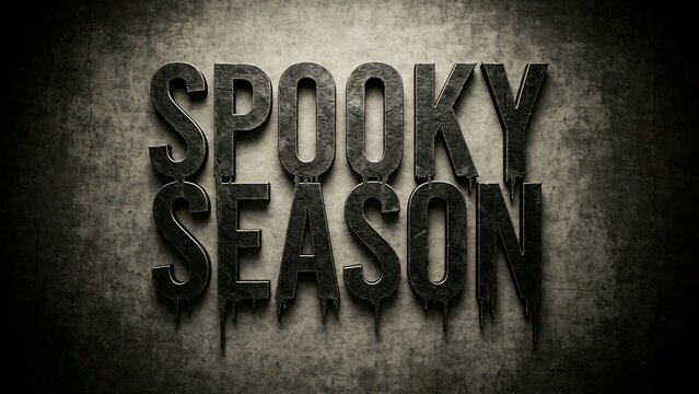 Spooky season dark metallic text typography design featuring distressed texture stone background for halloween festive banners invitations marketing digital graphics.