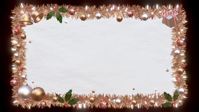 3D Pink Gold Christmas Card with holly berries and leaves, illuminate string lights, red ornaments, pine leaves, bells, gift box, loop animation on black background, white snow ground copy space.