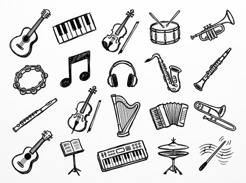 Musical Instruments Doodle Icons Set, Hand Drawn Sketch Collection with Keyboard Violin Harp Saxophone Headphones Drum Notes Symbols for Music School and Concert Design