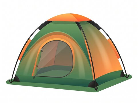 Green Orange Camping Tent 3D Icon, Semi Realistic Flat Design Dome Tent Illustration with Open Door and Rainfly for Outdoor Adventure Hiking and Vacation Travel Design
