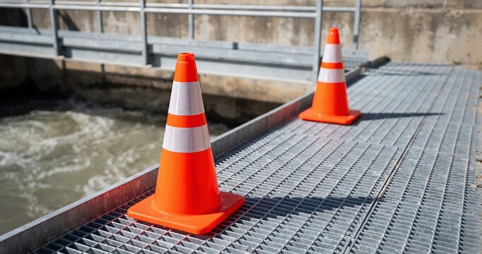 Traffic cones placed on metal walkway adjacent to flowing water at industrial facility, indicating safety or restricted access.