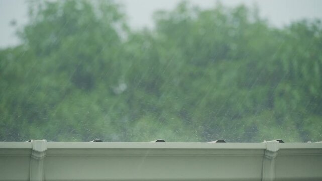 Heavy rain falling on house roof with green trees background during tropical rainy season.