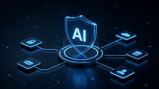 Cybersecurity shield with central ai icon connected to digital nodes representing network data protection and information system security for modern tech enterprise.