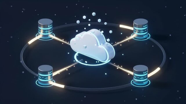 A central cloud ERP data hub transmitting glowing pulses to connected database servers, symbolizing integrated enterprise resource planning, network connectivity, and scalable corporate information.