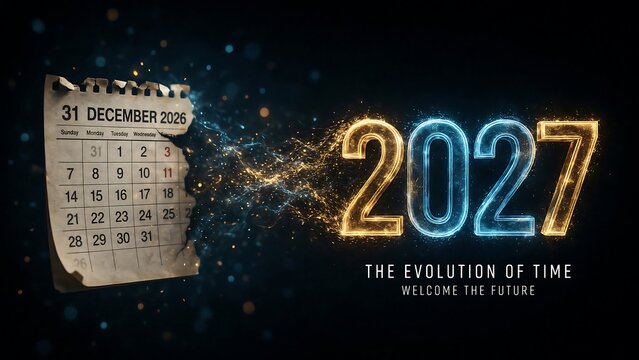 Calendar page for december 31 2026 dissolving into glowing particles of 2027 symbolizes evolution of time and welcoming future for holiday season transitions.