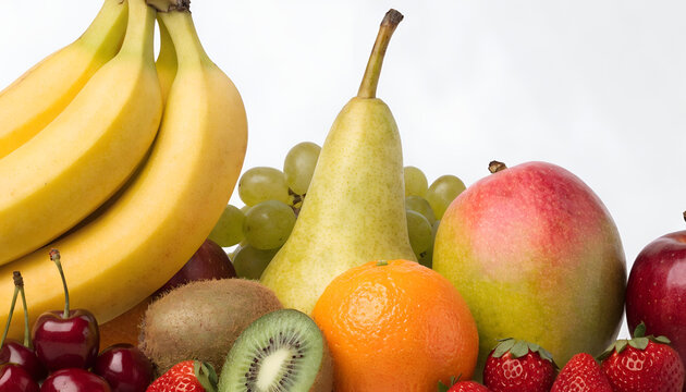 Fresh Assorted Fruits on White Background &ndash; Healthy Natural Food Selection