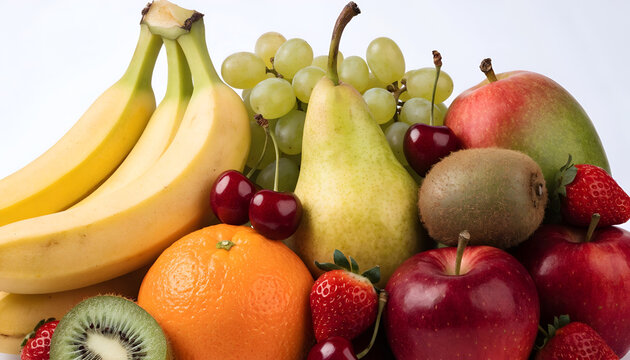 Fresh Assorted Fruits on White Background &ndash; Healthy Natural Food Selection