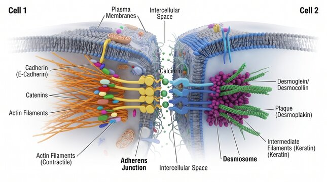 Cell adhesion diagram showing adherens junction and desmosome connections between epithelial cells