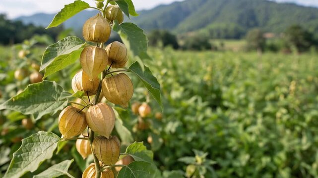 Cape gooseberry or goldenberry fruits, Physalis peruviana, growing on Physalis plant with delicate husks and leaves, 4K video