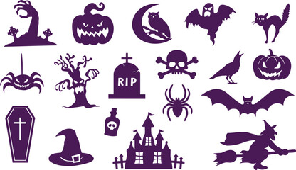 Fototapeta premium Purple Halloween Vector Silhouettes Set: Spooky Icons Featuring Jack O' Lantern, Haunted House, Witch on Broomstick, Ghost, Bat, Spider, Skull, Crow, Owl, and Cemetery Elements for Scary Designs