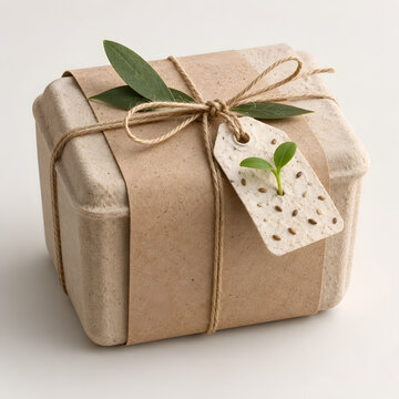 Eco friendly kraft paper gift box tied with natural twine, green leaves and hang tag, sustainable packaging concept