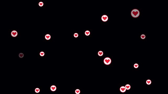 Shining Floating Red Hearts particles overlay on black background. Love sticker Stream reactions Rising up animation. Wedding greetings and Anniversary Celebration. Cheerful Love live style Animated.