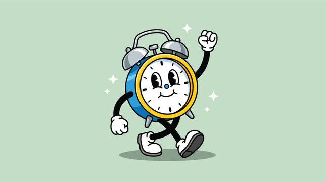 Cartoon alarm clock character walking happily in retro style.