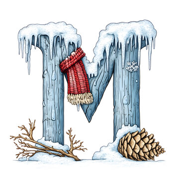 Letter M winter alphabet with snow and red scarf isolated on white