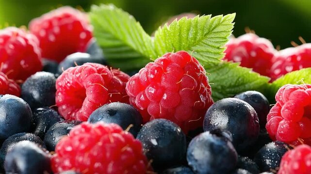 Vibrant mix of fresh raspberries and blueberries close up.