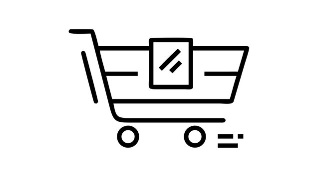 Single isolated online shopping cart vector icon, clean minimal cart with one simple package shape inside, balanced geometric proportions, modern ecommerce symbol, flat vector design, smooth edges.
