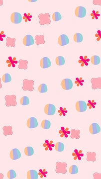 Pink background with rounded shapes and flower motifs
