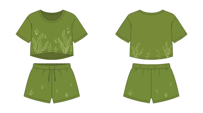 Olive Green Two Piece Summer Outfit with Cactus Graphic Crop Top and Shorts Front and Back Views Fashion Template