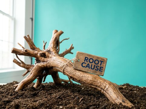Exposed tree root with a root cause tag on soil ideal for business problem solving content symbolizing deep analysis and identifying core issues