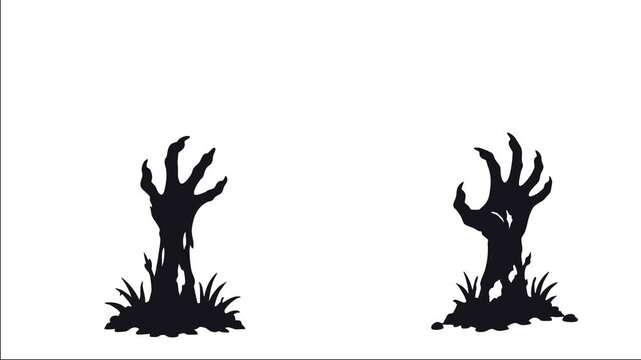 Halloween animated silhouetted zombie hands rising from the ground 4k white background.