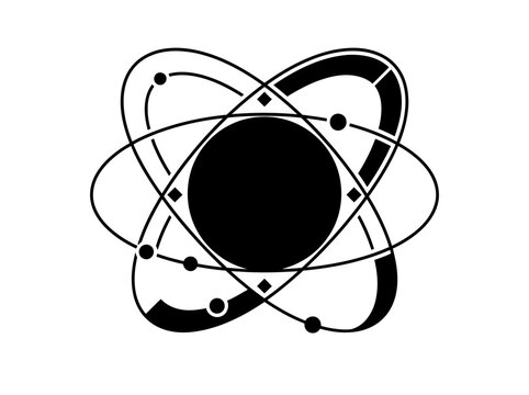 Atom symbol surrounded by orbital rings and small spheres displayed in a bold graphic design.