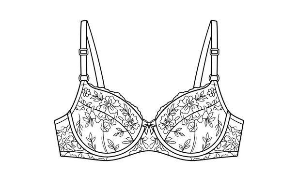 Floral Embroidered Bra Technical Flat Sketch, Vector Line Art Illustration Of Women Underwire Lingerie With Lace Details For Fashion Design Template