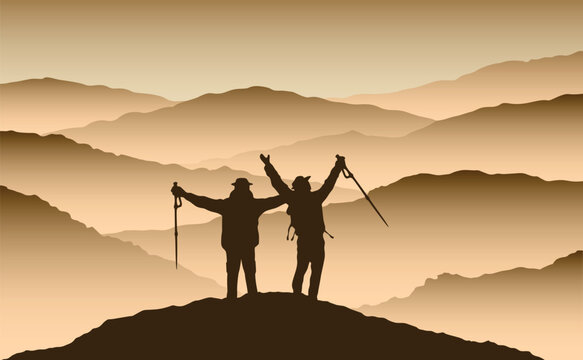 Two Hikers Celebrating Success on Mountain Summit Silhouette Illustration