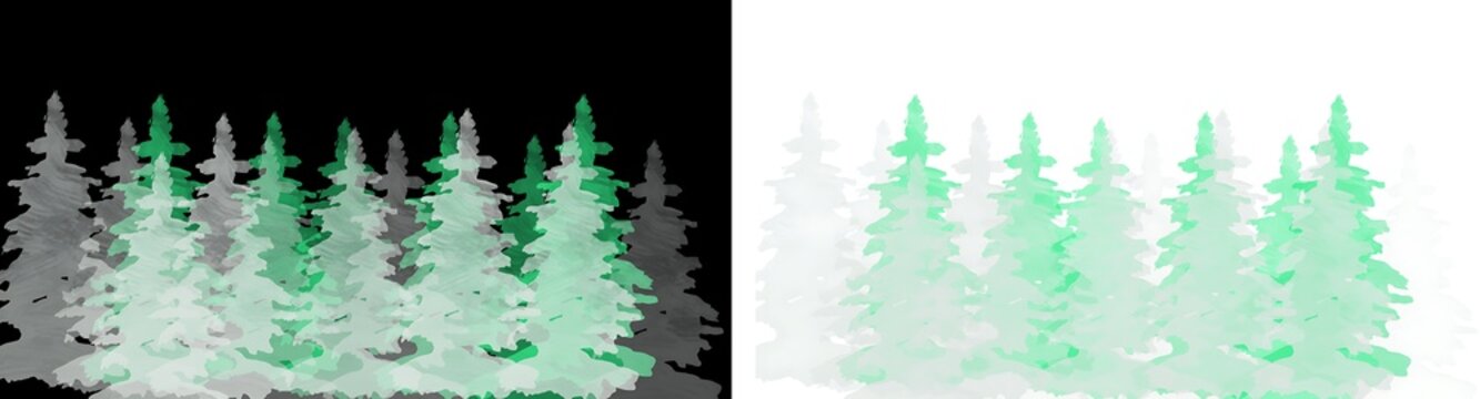 Watercolor evergreen trees display a scenic forest landscape with a transparent background woodland conifer pine