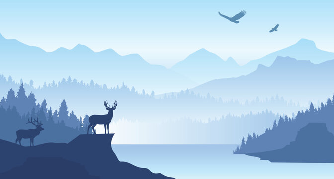 Deer Standing on Cliff Overlooking Lake and Forest Illustration