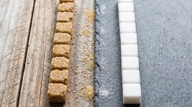 Row of brown sugar cubes beside white sugar cubes on wooden and slate