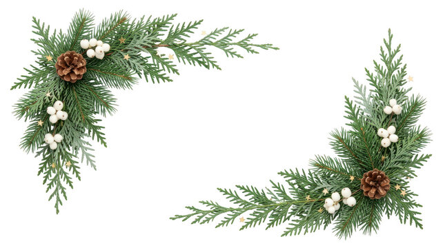 Christmas pine branch frame with pinecones and cotton flowers isolated on transparent background